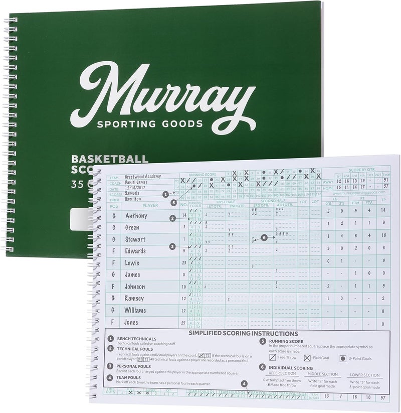 Murray Sporting Goods دفتر تسجيل النقاط لكرة السلة الكلاسيكي - 35 مباراة كتاب تسجيل النقاط الأخضر | كتاب تتبع الإحصائيات لكرة السلة للشباب - Image 1